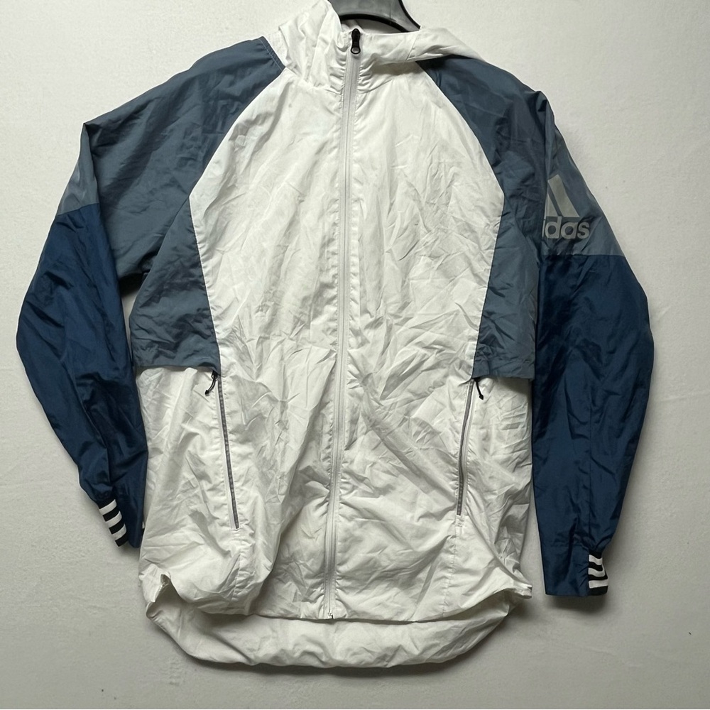 adidas Men’s White and Navy Blue Hooded Windbreaker
